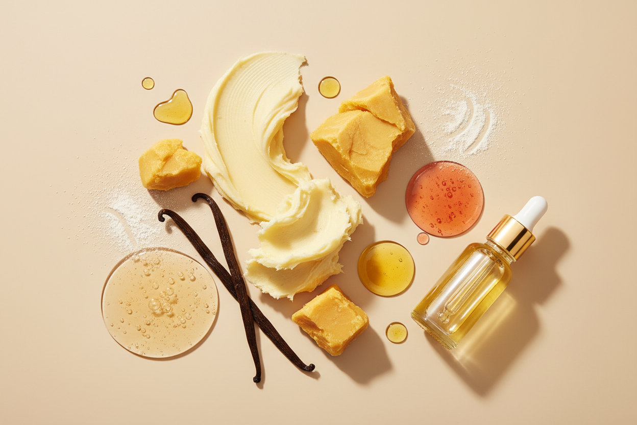 Luxury flat lay of natural body-care ingredients: shea butter swirls, mango butter pieces, vanilla bean, jojoba oil drops, sweet almond oil, oat extract, aloe vera gel, rosehip oil. Soft creamy beige background, diffused lighting, premium minimal aesthetic, ultra-realistic, clean composition, high-end skincare brand style